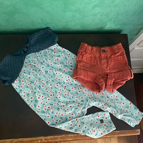 Tea Collection Baby Shorts & Romper Floral 6-12 M Cotton Infant Orange Blue Boho - Picture 1 of 6